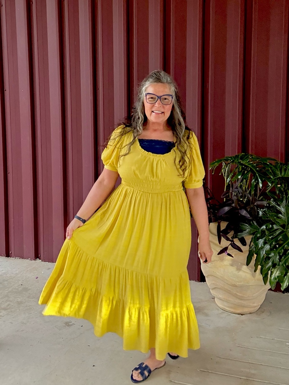 Umgee Yellow Tiered Maxi Dress with Puff Sleeves - Picture 4 of 5